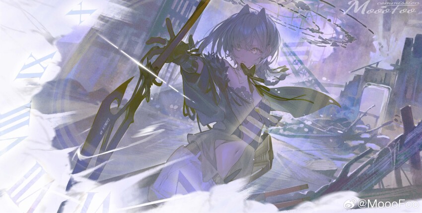 absurdres belt bikini black_bow black_bowtie black_gloves blue_shorts bow bow_(weapon) bowtie braid clock_face coat collar detached_collar dutch_angle film_grain floating floating_object floating_weapon gloves grey_bikini grey_coat grey_hair hair_intakes highres midriff mooofoo navel open_clothes open_coat original roman_numeral rubble ruins short_hair_with_long_locks shorts swimsuit telekinesis watermark weapon weibo_username weibo_watermark white_collar yellow_eyes