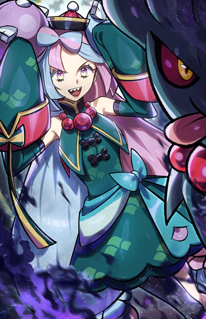 1girl :d absurdres bare_shoulders black_bow blue_hair bow bow-shaped_hair character_hair_ornament colored_sclera detached_sleeves dress eyelashes flutter_mane ghost_pose green_dress hair_ornament hat highres iono_(fall_2024)_(pokemon) iono_(pokemon) long_hair long_sleeves looking_at_viewer multicolored_hair nintendo official_alternate_costume open_mouth pink_eyes pink_hair pokemon pokemon_(creature) pokemon_masters_ex red_sclera ryairyai sharp_teeth sleeves_past_fingers sleeves_past_wrists smile split-color_hair teeth two-tone_hair yellow_eyes