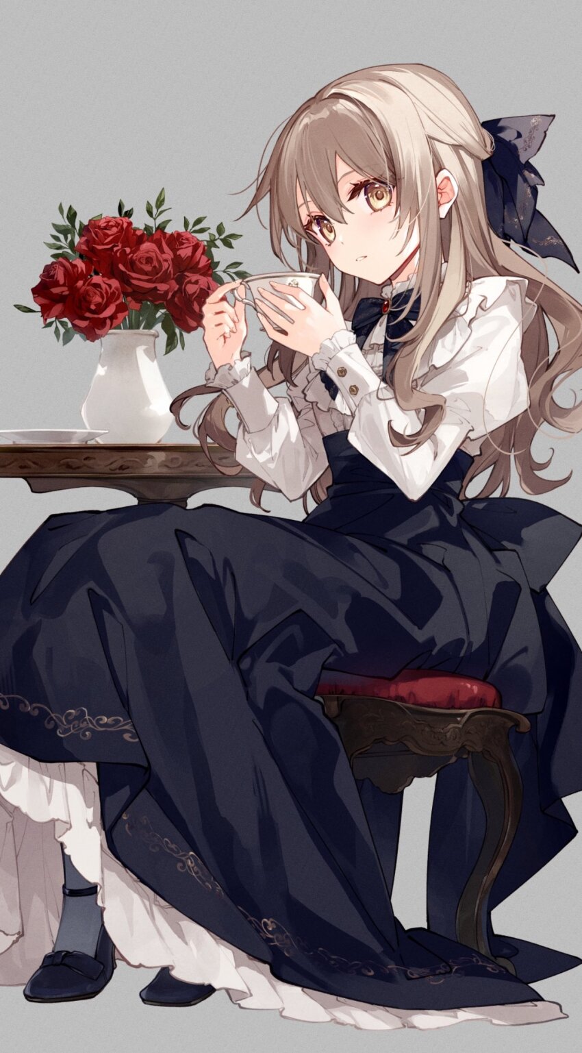 1girl black_bow black_shoes black_skirt bow brooch brown_eyes brown_hair commentary cup english_commentary flower full_body grey_background grey_pantyhose hair_between_eyes hair_bow high-waist_skirt highres holding holding_cup jewelry juliet_sleeves long_hair long_sleeves mochizuki_shiina original pantyhose puffy_sleeves red_flower red_rose rose saucer shirt shoes simple_background skirt solo stool table vase very_long_hair white_shirt