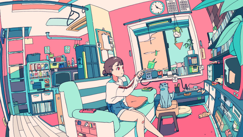 1girl akabane_1999 boombox brown_hair bulletin_board cat cd_player clock clothes_hanger commentary_request controller couch crt denim denim_shorts fisheye grey_cat hair_bun hanging_plant highres indoors industrial_pipe ladder leaf loaded_interior long_sleeves monitor original pet_toy pillow plant pointing potted_plant red_eyes remote_control scenery shirt shorts sitting slice_of_life solo television white_shirt window wire
