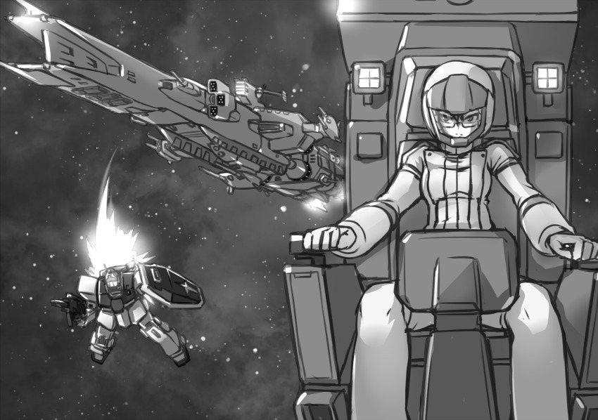 1girl cockpit glasses gm_ii gun gundam highres ky@rgm-79r monochrome pilot_suit salamis_kai shield sitting space spacecraft spacesuit weapon zeta_gundam