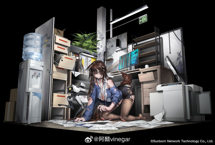 1girl all_fours animal_ears bare_shoulders black_background black_choker black_pantyhose black_skirt blue_sweater box breasts brown_hair brown_tail bullet_hole business_suit button_gap cabinet cardboard_box choker cleavage collared_shirt computer copyright_notice cracked_screen desk dog_tags drawer electric_plug emergency_exit exit_sign faux_figurine file_cabinet formal_clothes full_body girls&#039;_frontline girls&#039;_frontline_neural_cloud grey_eyes hair_between_eyes hanging_light highres id_card lanyard large_breasts long_hair looking_at_viewer miniskirt monitor no_shoes non-humanoid_robot off_shoulder office office_lady official_alternate_costume official_art on_ground panties panties_under_pantyhose pantyhose paper parted_lips partially_unbuttoned pencil_skirt photocopier plant robot robot_animal robot_dog scar scar_on_arm scar_on_shoulder scrape scraped_knee shelf shirt single_ear_down skirt sleeveless sleeveless_shirt solo spill suit sweater torn_clothes torn_pantyhose torn_skirt torn_sweater turing_(neural_cloud) underwear very_long_hair vinegar_kira water_cooler watermark weibo_watermark white_panties white_shirt
