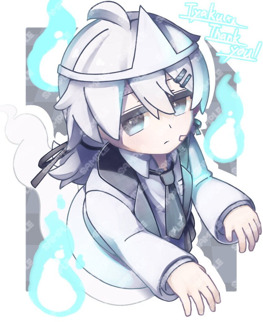 1girl ahoge bandaid bandaid_on_cheek bandaid_on_face black_necktie black_ribbon black_skirt blue_eyes border breast_pocket closed_mouth coat collared_shirt expressionless from_above ghost ghost_costume ghost_pose ghost_tail grey_background grey_eyes grey_hair grey_necktie hair_between_eyes hair_ornament hair_ribbon hairclip halloween hands_up highres hitodama jacket jitome long_hair long_sleeves looking_at_viewer low_ponytail necktie open_clothes open_jacket outside_border platinum_(vrchat) pleated_skirt pocket ponytail ribbon shirt signature skirt sleeves_past_wrists solo thank_you triangular_headpiece trim5654 twintails upper_body vrchat watermark white_border white_coat white_hair white_jacket white_shirt