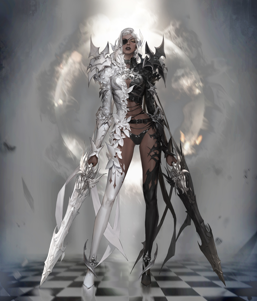 1girl absurdres armor asymmetrical_footwear belt belt_collar black_belt black_boots black_eyes black_panties black_ribbon black_shirt boots breasts checkered_floor cleavage collar collared_shirt commentary dark-skinned_female dark_skin dual_wielding earrings english_commentary eyepatch full_body high_heel_boots high_heels highres holding holding_sword holding_weapon hoop_earrings jewelry jung_wonjo long_hair long_sleeves looking_at_viewer medium_breasts mismatched_footwear navel one_eye_covered original panties parted_lips ribbon shirt shoulder_armor silver_trim skull solo spiked_armor standing sword teeth thigh_boots two-tone_shirt underwear vambraces weapon white_belt white_boots white_hair white_ribbon white_shirt zipper zipper_pull_tab