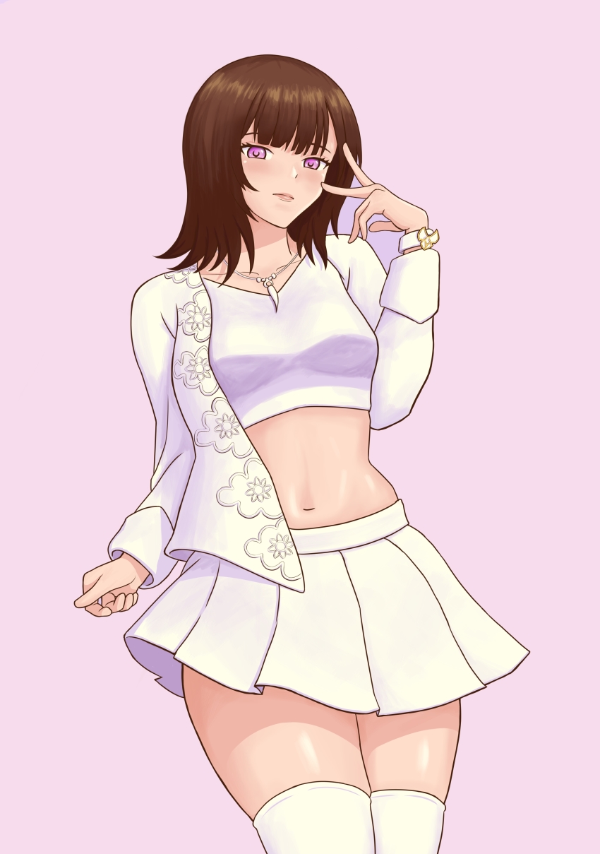1girl absurdres avataro_sentai_donbrothers blouse brown_hair crop_top highres purple_eyes omskchan shirt skirt sononi sononi_(donbrothers) super_sentai