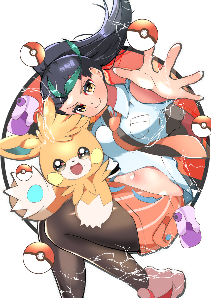 &gt;:) 1girl absurdres aqua_hair black_hair black_pantyhose breast_pocket breasts carrot_summer closed_mouth collared_shirt eyelashes freckles groin highres long_hair medium_breasts multicolored_hair naranja_academy_school_uniform navel necktie nemona_(pokemon) nintendo orange_eyes orange_necktie orange_shorts outstretched_arm pantyhose pantyhose_under_shorts pawmot pocket poke_ball poke_ball_(basic) pokemon pokemon_(creature) pokemon_sv ponytail potion_(pokemon) school_uniform shirt short_sleeves shorts smile striped_clothes striped_shorts two-tone_hair v-shaped_eyebrows vertical-striped_clothes vertical-striped_shorts white_shirt
