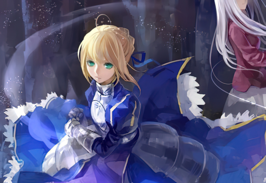 2girls artoria_pendragon_(fate) ask_(askzy) blonde_hair blue_dress dress fate/zero fate_(series) green_eyes hair_ornament hairpin knight long_hair multiple_girls purple_shirt saber_(fate) shirt skirt white_hair white_skirt