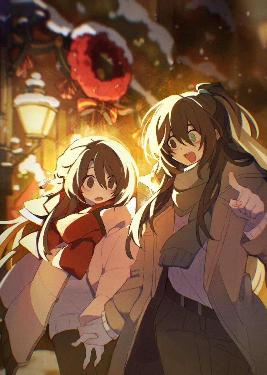 1boy 1girl :d alternate_costume backlighting belt black_belt black_eyes black_hair black_pants blue_eyes blue_scarf blush brown_coat brown_hair christmas_ornaments coat commentary english_commentary hair_between_eyes hair_ornament hair_ribbon heterochromia highres holding_another&#039;s_wrist hong_lu_(project_moon) lantern layered_sleeves limbus_company long_coat long_hair long_sleeves looking_at_another mu_(muu_037) muu_037 open_mouth original pants pointing pointing_forward ponytail project_moon red_scarf ribbon scarf sidelocks smile snowing straight_hair surprised sweater white_sweater