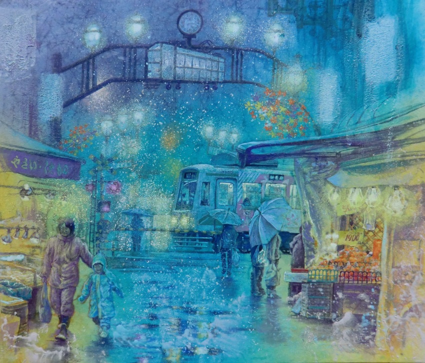 absurdres blue_theme child display food highres holding holding_umbrella market market_stall original painting_(medium) raincoat road scenery street streetcar tanamachi_yoshihiro traditional_media umbrella