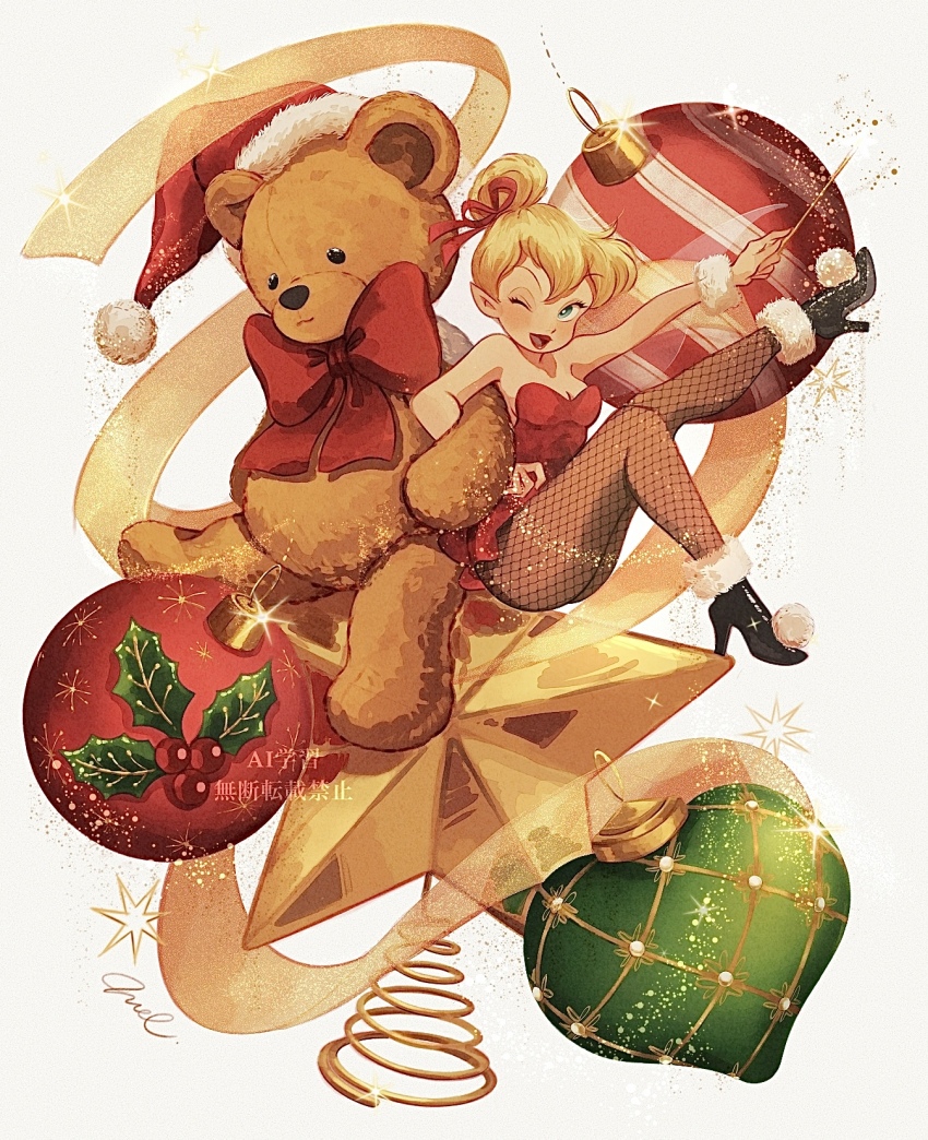 1girl blonde_hair bow bowtie christmas_ornaments commentary commentary_request dress english_commentary fairy fairy_wings fishnet_pantyhose fishnets folded_ponytail hat high_heels highres holding holding_wand melchencanto mini_person minigirl mixed-language_commentary one_eye_closed open_mouth pantyhose pointy_ears red_bow red_bowtie red_dress red_lips santa_hat short_dress signature smile solo strapless strapless_dress stuffed_animal stuffed_toy teddy_bear tinker_bell_(disney) walt_disney&#039;s_peter_pan wand watermark wings wrist_cuffs