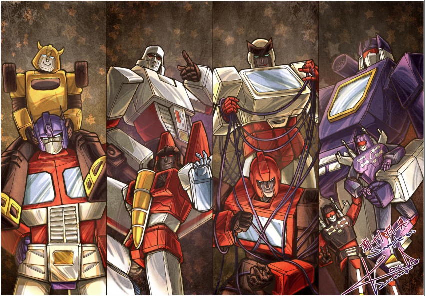 1980s_(style) autobot bad_id bad_pixiv_id bumblebee cable decepticon frenzy_(transformers) gatling_gun gun index_finger_raised ironhide kochko mecha megatron no_humans oldschool optimus_prime ratchet_(transformers) retro_artstyle robot rumble_(transformers) science_fiction signature smile soundwave_(transformers) star_(symbol) starscream transformers transformers:_generation_1 v weapon