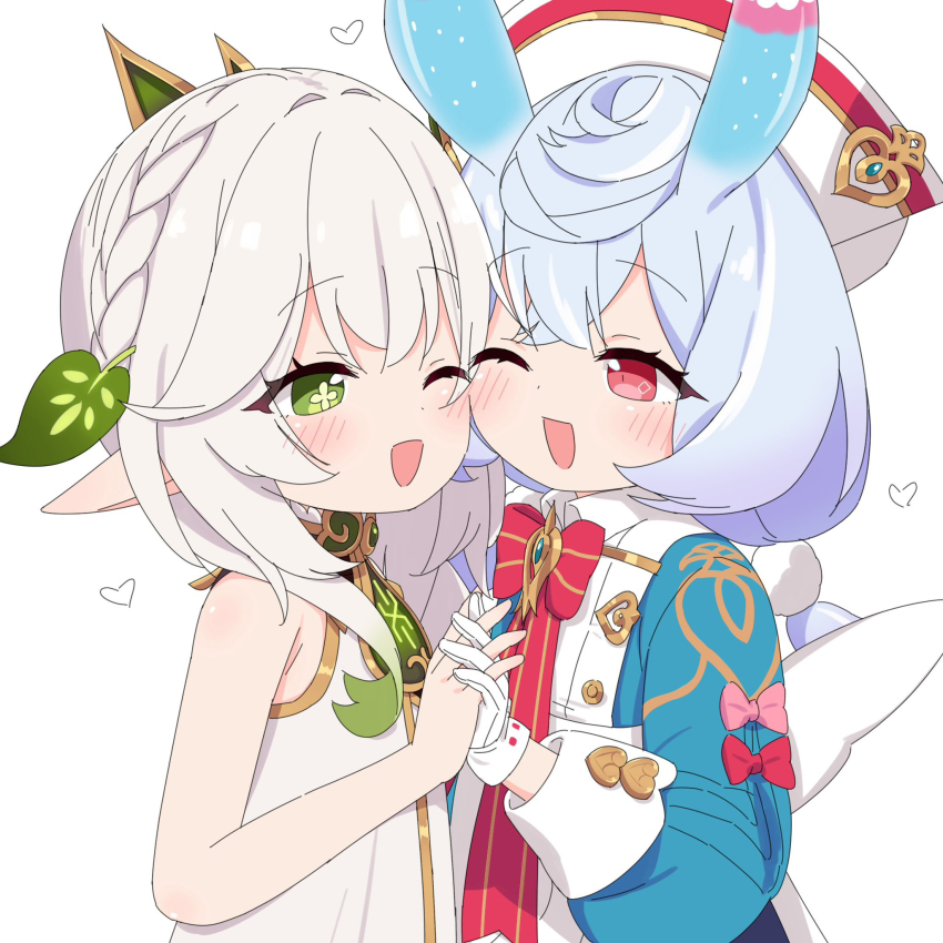 2girls :d azbchan1221 blue_hair blush bow bowtie braid cheek-to-cheek commentary_request cross-shaped_pupils crown_braid dress from_side genshin_impact gloves glowing_horns grey_hair hair_ornament heads_together heart highres holding_hands horns hug interlocked_fingers kodomo_doushi leaf_hair_ornament long_hair long_sleeves multiple_girls nahida_(genshin_impact) one_eye_closed open_mouth pointy_ears ponytail red_bow red_bowtie red_eyes short_ponytail sigewinne_(genshin_impact) simple_background sleeveless sleeveless_dress smile symbol-shaped_pupils upper_body white_background white_dress white_gloves yuri