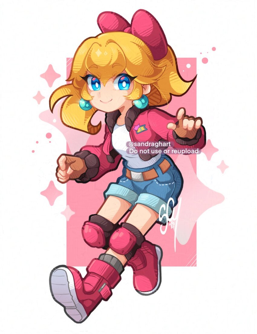 1girl blonde_hair blue_eyes boots bow denim denim_shorts earrings fingerless_gloves gloves hair_bow highres jacket jewelry knee_pads long_hair mario_(series) mario_kart mario_kart_world nintendo open_clothes open_jacket pink_boots pink_bow pink_jacket ponytail princess_peach princess_peach_(touring) sandragh shirt shoe_soles shoes shorts solo sphere_earrings