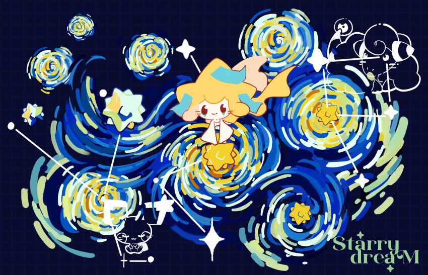 absurdres black_eyes blue_background closed_mouth colored_skin constellation creature creature_focus facial_mark gen_2_pokemon gen_3_pokemon highres jirachi legendary_pokemon looking_at_viewer mareep mythical_pokemon nintendo no_humans pichu pokemon pokemon_(creature) simple_background smile starry_night_(van_gogh) sugahri white_skin
