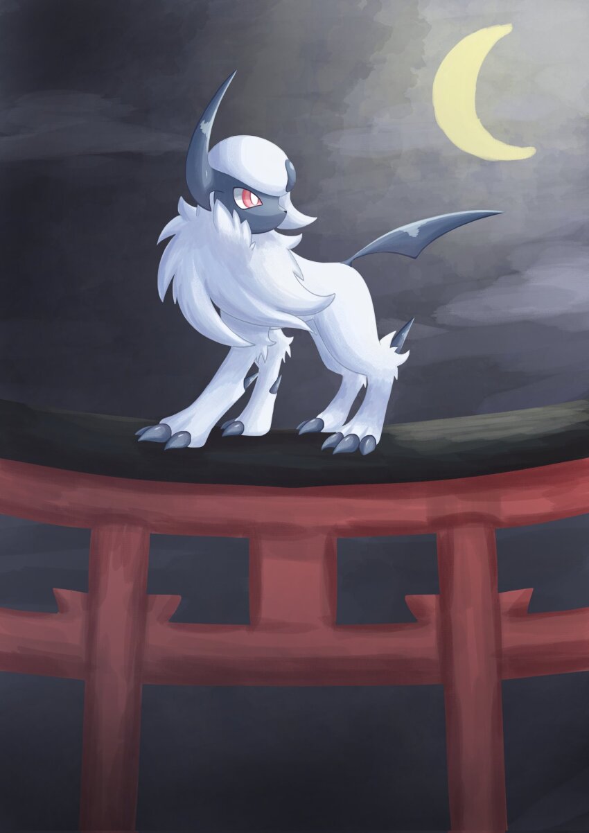 absol animal_focus claws gen_3_pokemon highres horns moon night nintendo no_humans pokemon pokemon_(creature) red_eyes single_horn solo soruva_359 standing white_hair