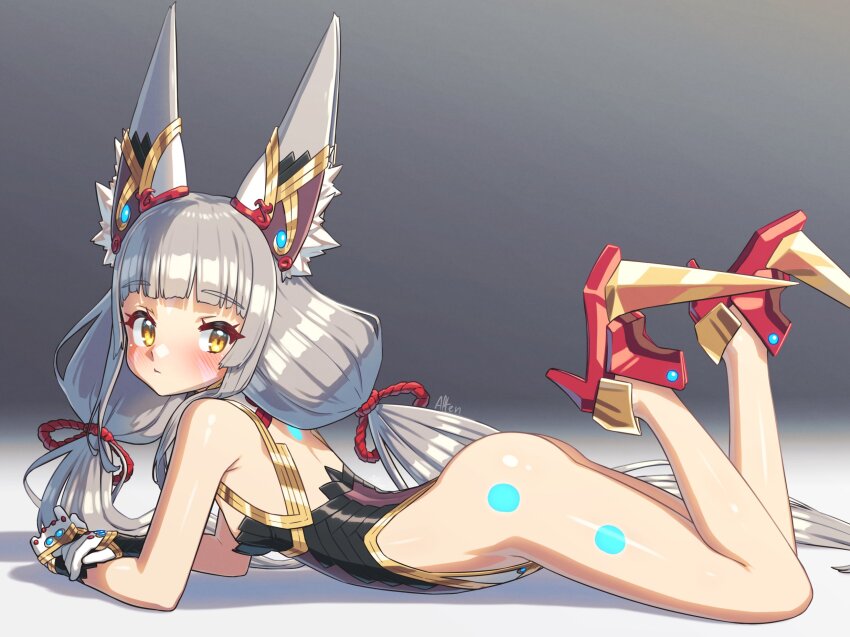 1girl alten animal_ears ass blunt_bangs blush cat_ears facial_mark from_side gloves glowing_markings grey_hair high_heels highleg highleg_leotard highres leotard long_hair low_twintails lying nia_(blade)_(xenoblade) nia_(xenoblade) on_stomach shoes solo spiked_shoes spikes the_pose twintails very_long_hair xenoblade_chronicles_(series) xenoblade_chronicles_2 yellow_eyes
