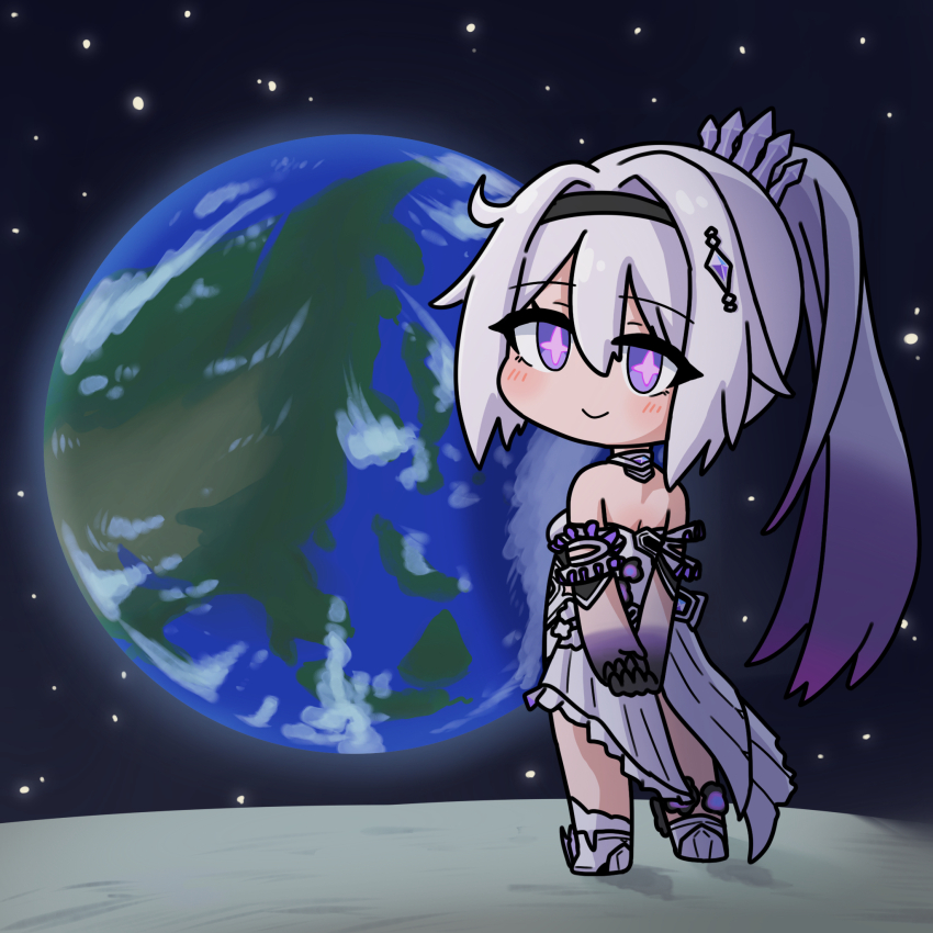 +_+ 1girl arms_behind_back backless_dress backless_outfit bare_shoulders black_gloves black_hairband blush boots breasts chibi closed_mouth commentary_request dress earth_(planet) from_behind full_body gloves gradient_hair grey_hair hair_between_eyes hair_intakes hairband highres honkai_(series) honkai_impact_3rd kiana_kaslana looking_at_viewer looking_back medium_breasts mokkyo_(motkyo) multicolored_hair planet ponytail purple_eyes purple_hair smile socks solo space white_boots white_dress white_socks
