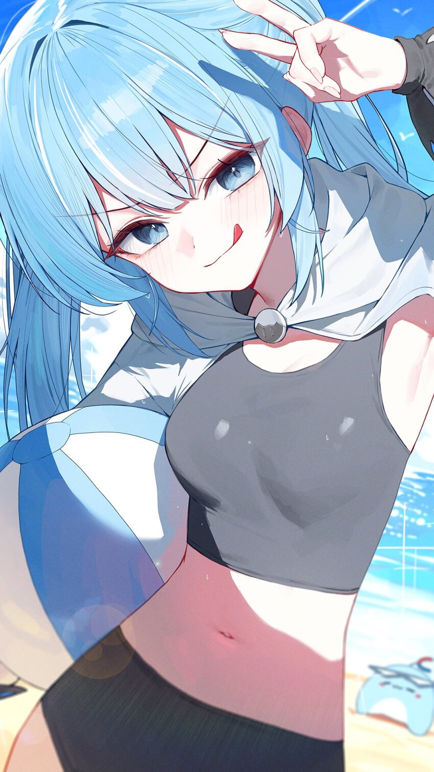 1girl :q arahashi_tabi arm_up armpits ball beach beachball black_shirt blue_eyes blue_hair breasts closed_mouth cowboy_shot crop_top day highres huhi_(huhi_1211) long_hair looking_at_viewer midriff navel outdoors pungdangi_(arahashi_tabi) shirt shrug_(clothing) sleeveless sleeveless_shirt small_breasts smile solo standing stellive stomach sunlight tongue tongue_out twintails v-shaped_eyebrows virtual_youtuber white_shrug