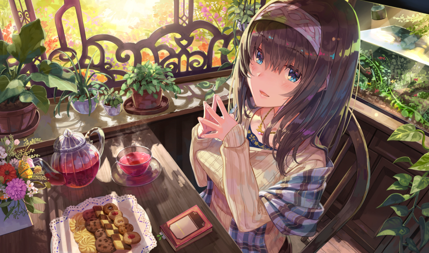 10s 1girl blue_eyes blush book bookmark breasts brown_hair chair checkerboard_cookie chocolate_chip_cookie commentary_request cookie cup doily drink female_focus fish_tank flower flower_pot food from_above hairband idolmaster idolmaster_cinderella_girls indoors ivy jam_filled_cookie jewelry long_hair long_sleeves looking_at_viewer medium_breasts necklace open_mouth pendant plaid plant potted_plant ribbed_sweater sagisawa_fumika shawl sitting sleeves_past_wrists smile solo steepled_fingers sunlight sweater table teacup teapot terumii thumbprint_cookie v-neck window window_shadow
