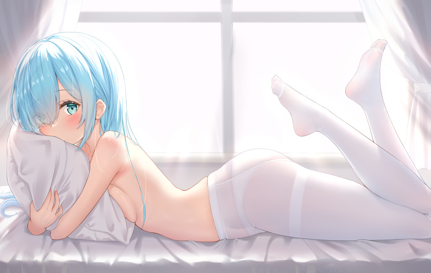 1girl absurdres ass azur_lane blue_eyes blue_hair blush breast_press breasts commentary_request day from_side full_body hair_over_one_eye highres hugging_object indoors janus_(azur_lane) legs legs_folded long_hair looking_at_viewer looking_to_the_side on_bed panties panties_under_pantyhose pantyhose pillow pillow_hug qian_hen small_breasts solo thighs topless_female underwear very_long_hair white_panties