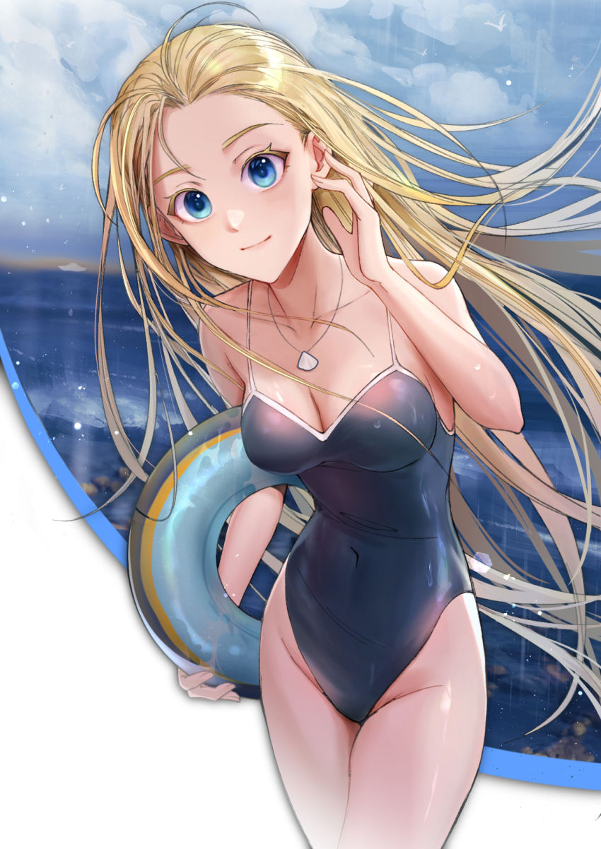 1girl blonde_hair blue_eyes blue_one-piece_swimsuit blue_sky breasts cleavage cloud competition_school_swimsuit cowboy_shot highres horizon innertube jewelry kofune_ushio leaning_forward long_hair maoy123 medium_breasts necklace one-piece_swimsuit school_swimsuit shell shell_necklace sky solo summertime_render swim_ring swimsuit very_long_hair