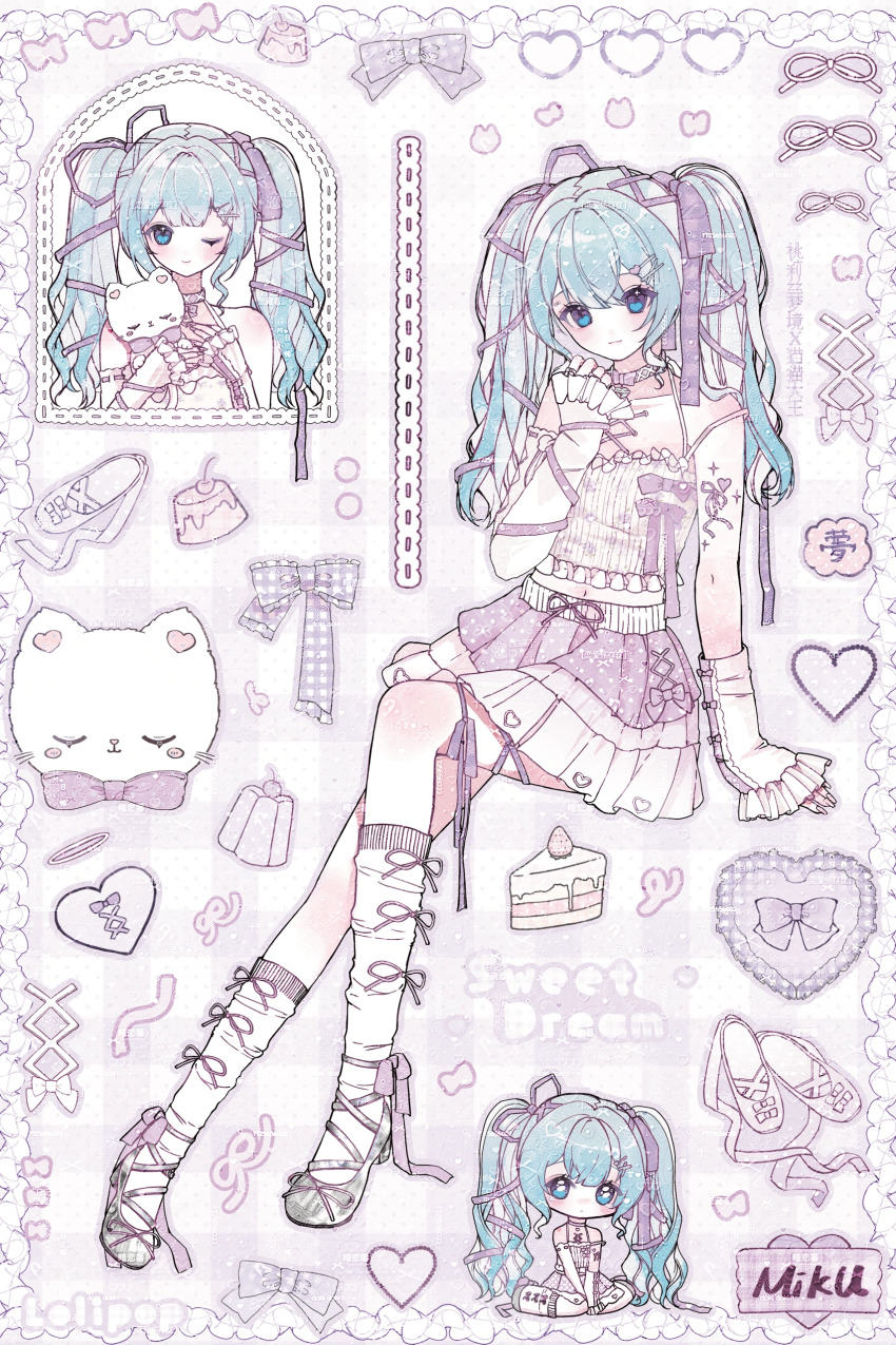 1girl absurdres ankle_bow ankle_ribbon bad_link bag black_collar blue_background blue_hair border bow breasts cake cake_slice character_name chibi cleavage closed_mouth collar cropped_torso crossed_bangs dot_nose eyelashes food frilled_skirt frilled_tank_top frills full_body gelatin grey_ribbon grey_shoes hair_between_eyes hair_bow hair_ornament hair_ribbon hairclip happy hatsune_miku heart heart_hair_ornament highres holding holding_stuffed_toy invisible_chair knee_up kneehighs knees leg_ribbon light_blush long_hair looking_at_viewer maomao_dawang mary_janes midriff miniskirt multiple_views navel one_eye_closed plaid_bag plaid_bow polka_dot polka_dot_skirt pudding purple_bow purple_ribbon purple_skirt purple_theme ribbon shoes sitting skirt smile socks spaghetti_strap straight-on stuffed_animal stuffed_cat stuffed_toy tank_top thigh_ribbon tress_ribbon twintails two-tone_skirt vertical-striped_tank_top vocaloid wariza watermark watermark_grid wavy_hair white_arm_warmers white_border white_skirt white_socks white_tank_top window y2k_fashion