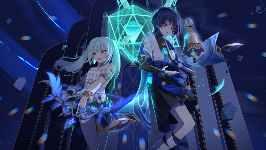 1boy 1girl absurdres anemo_symbol_(genshin_impact) anklet aqua_hair aqua_halo aqua_pupils armlet arrow_print backlighting bell belt black_belt black_bow black_bridal_gauntlets black_hair black_leggings black_shorts blue_gemstone blue_kimono blue_sleeves blunt_bangs blunt_ends bow bow_(weapon) bridal_gauntlets building cape center-flap_bangs clothing_cutout collarbone covered_collarbone cowlick dodecahedron dress eyeliner eyeshadow faruzan_(genshin_impact) feathers floating floating_object furisode gem genshin_impact glowing glowing_gem glowing_markings glowing_weapon gold gold_ring green_cape green_eyes hakama hakama_shorts halo halo_behind_head han&#039;eri highres holding holding_bow_(weapon) holding_weapon japanese_clothes jewelry kimono kouge_kurame layered_kimono layered_sleeves leg_warmers leggings levitation long_hair looking_at_viewer looking_to_the_side magic_circle makeup mandarin_collar middle_ring neck_ring open_clothes open_hand open_kimono open_mouth pantyhose pleated_shorts polar_star_(genshin_impact) pom_pom_(clothes) purple_eyes purple_pupils purple_rope purple_sash red_eyeliner red_eyeshadow rope sash scaramouche_(genshin_impact) short_sleeves shorts shoulder_cutout sidelocks sky standing star_(sky) starry_sky symbol-shaped_pupils tassel triangle-shaped_pupils tulaytullah&#039;s_remembrance_(genshin_impact) twintails vision_(genshin_impact) wanderer_(genshin_impact) weapon white_dress white_kimono white_leg_warmers white_pantyhose white_sleeves wispy_bangs yellow_feathers
