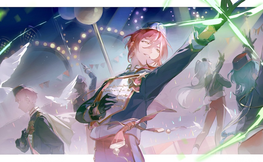 arm_up bird bishounen black_gloves black_jacket dove ensemble_stars! gloves hand_on_own_chest hibiki_wataru highres itsuki_shu jacket leaning_back letterboxed light_smile male_focus matching_outfits official_alternate_costume outside_border outstretched_arm pants parted_lips red_pants sakasaki_natsume sakuma_ritsu save_my_procrastination shinkai_kanata solo_focus stage_lights the_oddballs_(ensemble_stars!) white_bird