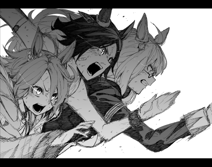 3girls animal_ears bandaid bandaid_on_cheek bandaid_on_face biwa_hayahide_(umamusume) glasses glowing glowing_eyes greyscale highres horse_ears letterboxed monochrome motion_blur multiple_girls narita_taishin_(umamusume) open_mouth running tsukamoto_minori umamusume winning_ticket_(umamusume)