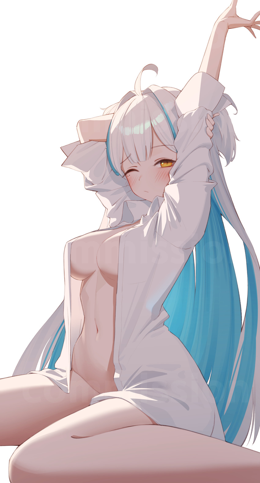 1girl absurdres ahoge arms_up blue_hair blush bottomless breasts closed_mouth collared_shirt commission hantata highres large_breasts long_hair looking_at_viewer mole mole_under_eye multicolored_hair naked_shirt one_eye_closed open_clothes open_shirt orange_eyes original shirt simple_background sitting solo stretching very_long_hair watermark white_background white_hair white_shirt