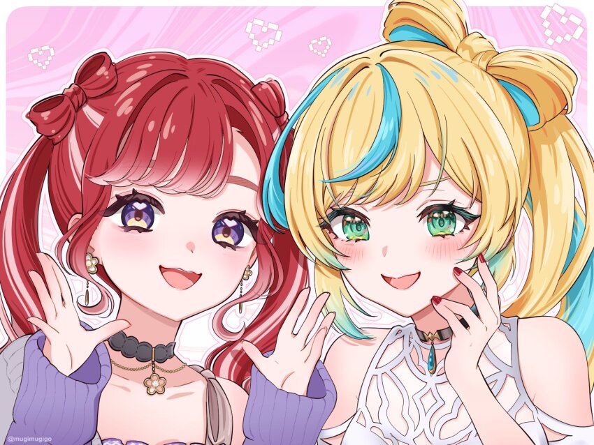 2girls :d artist_name bare_shoulders black_choker black_nails blonde_hair blue_hair blush border bow-shaped_hair choker collarbone commentary_request dress earrings eyelashes fingernails flower_earrings green_eyes hair_intakes hand_up hands_up heart highres jewelry long_hair long_sleeves looking_at_viewer mugimugigo multicolored_hair multiple_girls nail_polish nijisanji official_alternate_costume open_mouth outside_border parted_bangs pink_background pink_hair pixel_heart purple_eyes red_hair saotome_berry saotome_berry_(2nd_costume) side_ponytail sidelocks sleeves_past_wrists smile streaked_hair swept_bangs tachitsute_toto tachitsute_toto_(2nd_costume) teeth twintails twitter_username upper_body virtual_youtuber white_border white_dress