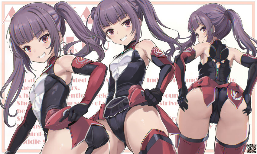 1girl absurdres airport96 alice_gear_aegis breasts cameltoe come_hither gloves grabbing_own_ass grin hand_on_own_hip hands_on_own_ass highres ichijou_ayaka legs leotard long_hair looking_at_viewer multiple_views purple_eyes purple_hair seductive_smile skirt small_breasts smile solo teeth thighs twintails