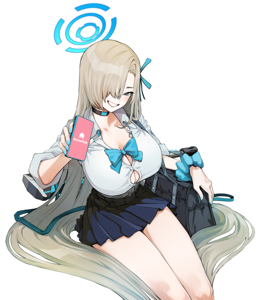 1girl absurdres asuna_(blue_archive) asuna_(school_uniform)_(blue_archive) bag blonde_hair blue_archive blue_bow blue_bowtie blue_eyes blue_halo blue_scrunchie blue_skirt blush bow bowtie breasts choker cleavage collarbone eudetenis gun hair_over_one_eye hair_ribbon halo highres holding holding_phone large_breasts long_hair looking_at_viewer loose_bowtie phone pleated_skirt ribbon school_bag scrunchie shirt sitting skirt sleeves_rolled_up smile solo thighs undersized_clothes very_long_hair weapon white_shirt wrist_scrunchie