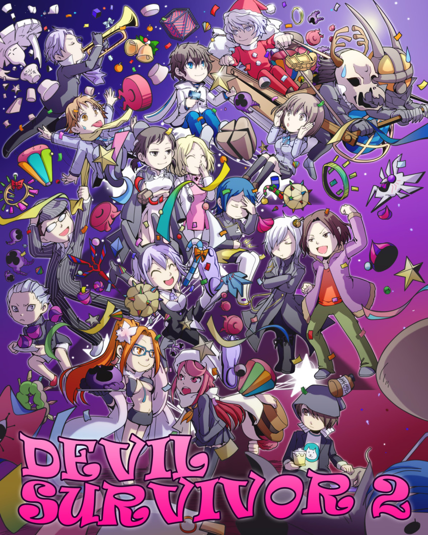 10s 6+boys 6+girls :t ^_^ akie_yuzuru alioth ban_airi benetnasch bifrons blonde_hair blue_eyes botis breasts brown_eyes brown_hair carriage cat character_request closed_eyes copyright_name crossed_arms decarabia demon_(megami_tensei) devil_survivor_(series) devil_survivor_2 dress_shirt dubhe everyone facepaint formal_clothes glasses grey_eyes grey_hair hair_over_one_eye hat highres houtsuin_yamato instrument kanno_fumi keita_wakui kujou_hinako kuriki_ronaldo kuze_hibiki long_hair medium_breasts megrez melancholy_man merak mizar multiple_boys multiple_girls navel neckerchief nitta_io orange_eyes orange_hair phecda polaris_(devil_survivor_2) ponytail pout protagonist_(devil_survivor) protagonist_(devil_survivor_2) red_eyes red_hair sako_makoto santa_costume santa_hat school_uniform shijima_daichi shirt short_hair skirt sled smile star_(symbol) suit sweatdrop tiko tokiwa_(mukoku) tongue tongue_out torii_jungo trumpet twintails tycho underboob wakui_keita white_hair yanagiya_otome