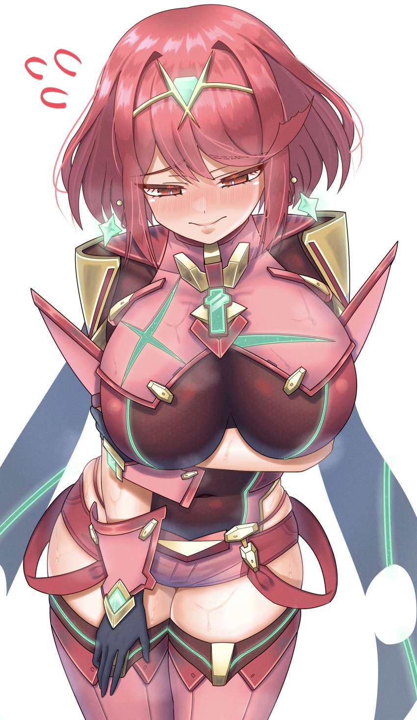 1girl absurdres black_gloves blush breasts chest_jewel core_crystal_(xenoblade) cowboy_shot earrings gloves highres huge_breasts jewelry meipasuye pyra_(xenoblade) red_eyes red_hair red_shorts short_hair shorts simple_background solo tiara white_background xenoblade_chronicles_(series) xenoblade_chronicles_2
