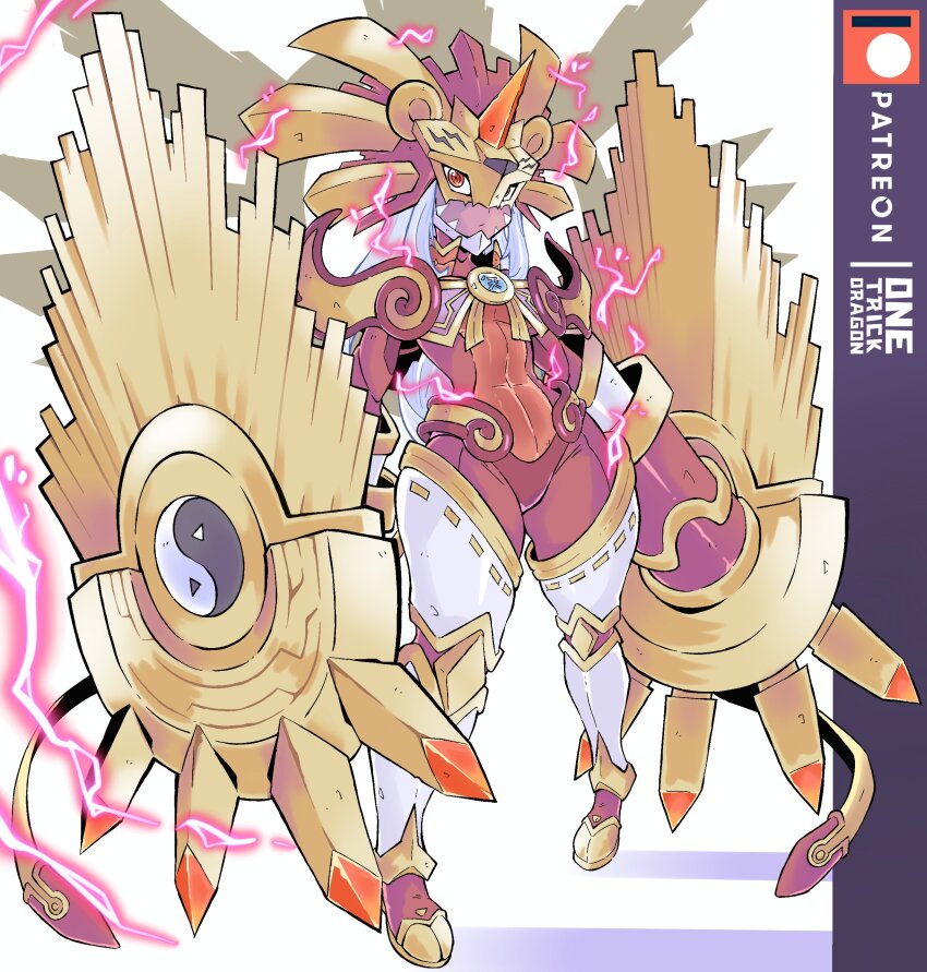 1girl absurdres amaterasumon armor armored_leotard artist_name breasts claws colored_skin curvy digimon digimon_(creature) electricity full_armor full_body grey_hair highres horns large_breasts leotard long_hair mechanical_arms navel no_humans one_trick_dragon red_skin simple_background single_horn solo very_long_hair white_background wide_hips yin_yang