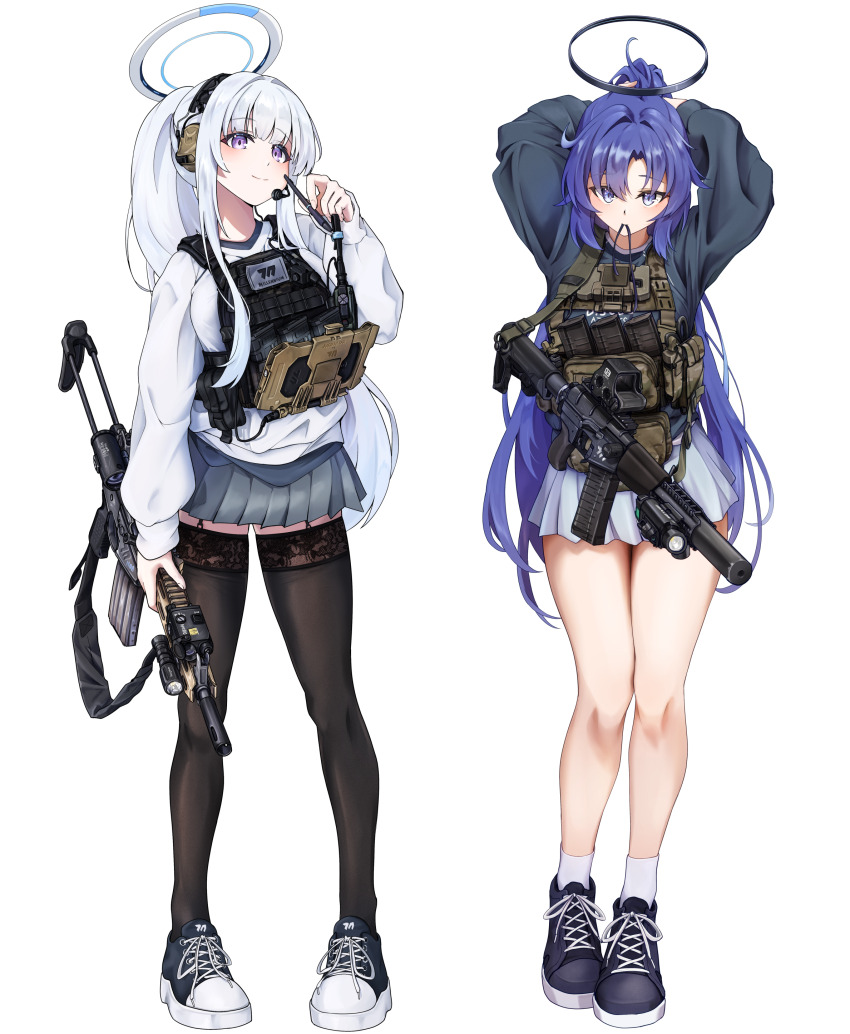 2girls absurdres adjusting_hair alternate_costume alternate_hairstyle ammunition_pouch arms_up as_val assault_rifle black_halo black_sweater black_thighhighs blue_archive bulletproof_vest closed_mouth clov3r cowboy_shot daewoo_k1 earpiece eotech feet_out_of_frame full_body grey_skirt gun gun_sling hair_between_eyes halo highres holding holding_weapon kalashnikov_rifle legs_together load_bearing_vest long_hair long_sleeves looking_at_viewer magazine_(weapon) mechanical_halo millennium_science_school_logo miniskirt mouth_hold multiple_girls noa_(blue_archive) pleated_skirt ponytail pouch puffy_long_sleeves puffy_sleeves purple_eyes purple_hair ribbon ribbon_in_mouth rifle shirt simple_background skirt smile standing suppressor sweater thighhighs tying_hair very_long_hair weapon white_background white_hair white_halo white_shirt yuuka_(blue_archive)
