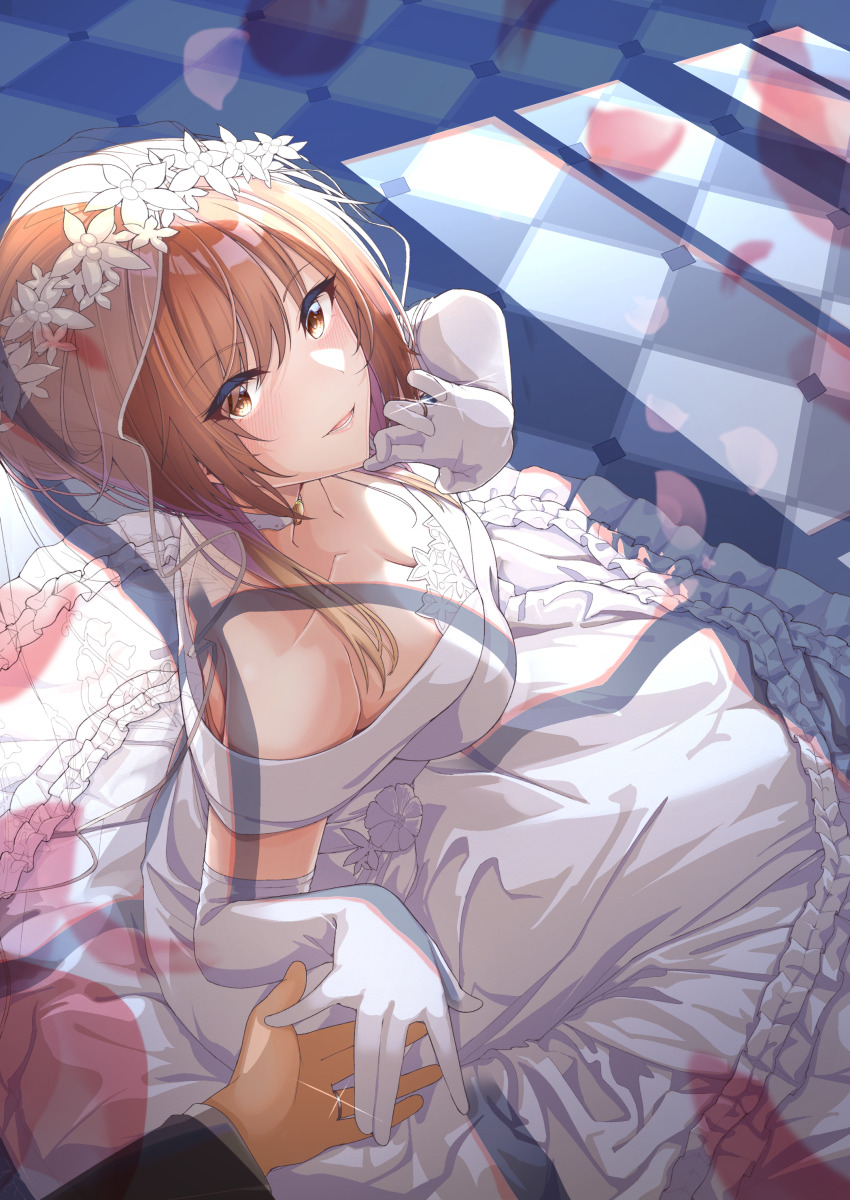 1boy 1girl absurdres aketa_mikoto alternate_costume blush breasts bridal_veil brown_hair checkered_floor choker cleavage collarbone dress elbow_gloves falling_petals glint gloves hetero highres holding_hands idolmaster idolmaster_shiny_colors jewelry kagin_(kagou_shita_nanika) light_smile looking_at_viewer looking_to_the_side medium_breasts petals pov pov_hands ring solo_focus veil wedding_dress wedding_ring white_choker white_dress
