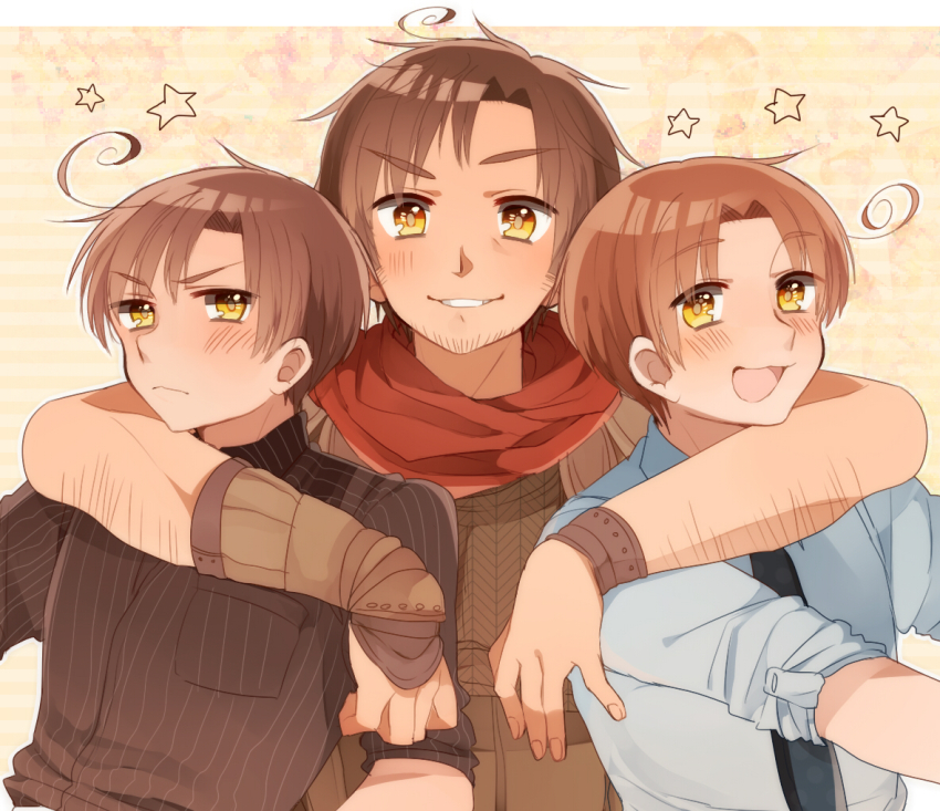 3boys ahoge arm_around_neck axis_powers_hetalia bandana black_necktie blue_shirt blush border breast_pocket brothers brown_hair brown_shirt closed_mouth collared_shirt commentary_request facial_hair fingernails gauntlets long_sleeves looking_at_viewer male_focus multiple_boys necktie ninonuko northern_italy_(hetalia) open_mouth orange_hair outside_border pocket red_bandana shirt short_hair siblings simple_background sleeveless sleeveless_shirt smile southern_italy_(hetalia) spain_(hetalia) star_(symbol) striped_clothes striped_shirt tan teeth twins upper_body v-shaped_eyebrows vertical-striped_clothes vertical-striped_shirt white_border yellow_background yellow_eyes