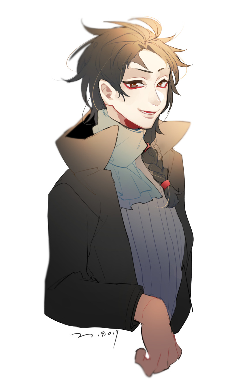 1boy absurdres black_jacket braid brown_eyes brown_hair chinese_commentary commentary_request dated green_scarf grey_sweater harada_minoru highres jacket long_sleeves lower_teeth_only male_focus open_clothes open_jacket open_mouth ribbed_sweater saibou_shinkyoku scar scar_on_face scar_on_forehead scarf side_braid simple_background single_braid smile solo sweater teeth upper_body white_background yokuhaku