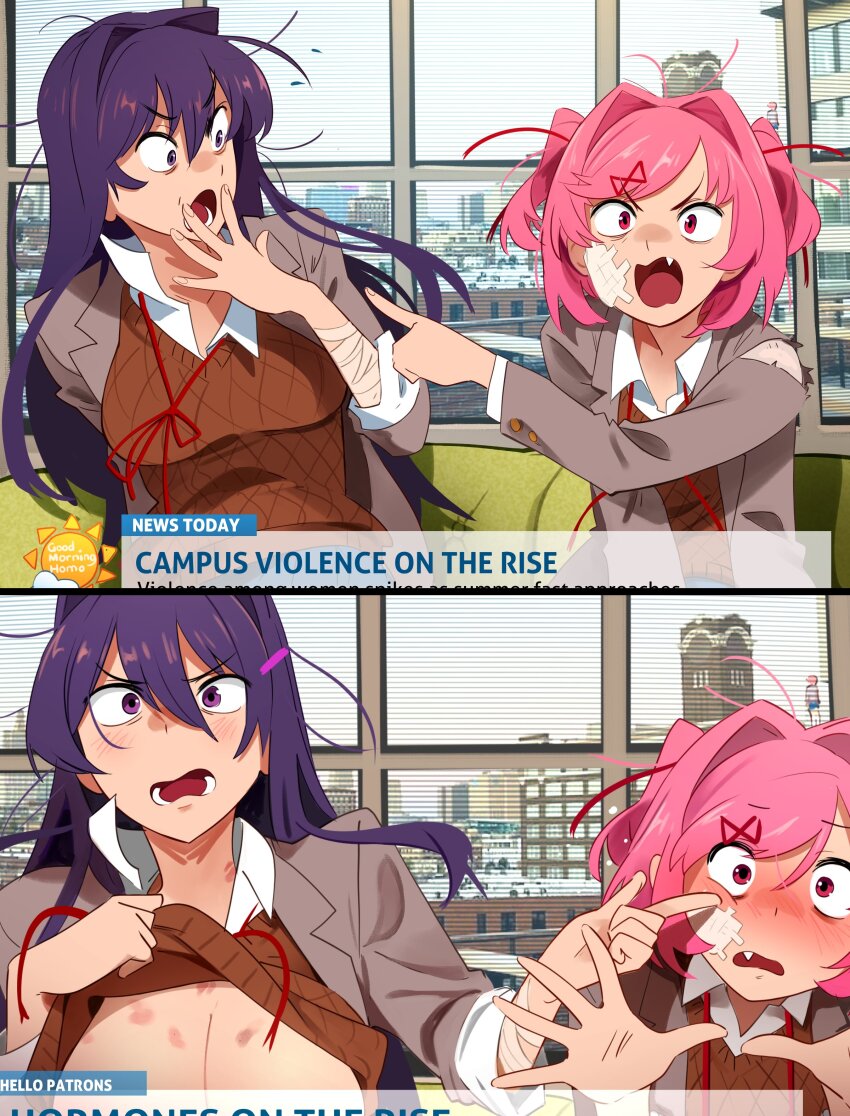 3girls absurdres bandage_on_cheek bandaged_arm bandages bandaid bandaid_on_face black_hair blush breasts brown_jacket brown_sweater clothes_lift doki_doki_literature_club doki_doki_literature_club_school_uniform fang flashing hickey highres indoors jacket khyle. large_breasts lifting_own_clothes long_hair lower_teeth_only multiple_girls natsuki_(doki_doki_literature_club) news open_mouth pink_hair sayori_(doki_doki_literature_club) school_uniform shirt sweater sweater_lift teeth tongue two_side_up upper_body when_you_see_it white_shirt window yuri_(doki_doki_literature_club)