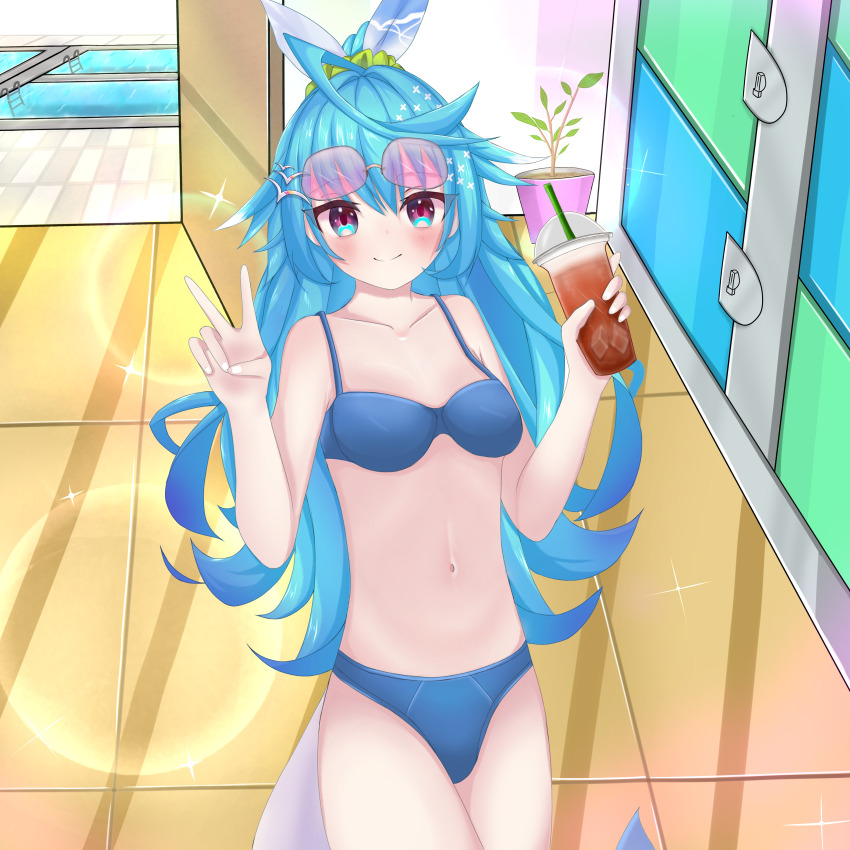 1girl absurdres azuri_delfi belly blue_bra blue_eyes blue_hair blue_panties blush bow bra breasts cetacean_tail commission door drink ears fins fish_tail flower_pot glasses glasses_on_head hair_ornament hairclip highres ice ice_cube indoors knee_up knees_up kyoichi ladder lock locker long_hair looking_at_viewer multicolored_eyes navel nose open_door panties plant pool ribbon small_breasts smile solo sparkle sunglasses sunglasses_on_head swimsuit tail thighs underwear underwear_only v virtual_youtuber water