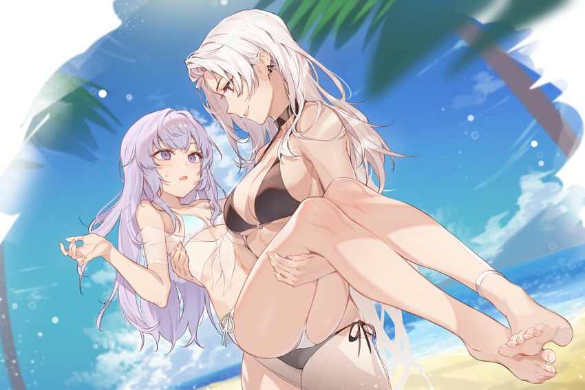 2girls bikini carrying character_request hella_(path_to_nowhere) highres kumo_sheep multiple_girls ninety-nine_(path_to_nowhere) princess_carry smile swimsuit