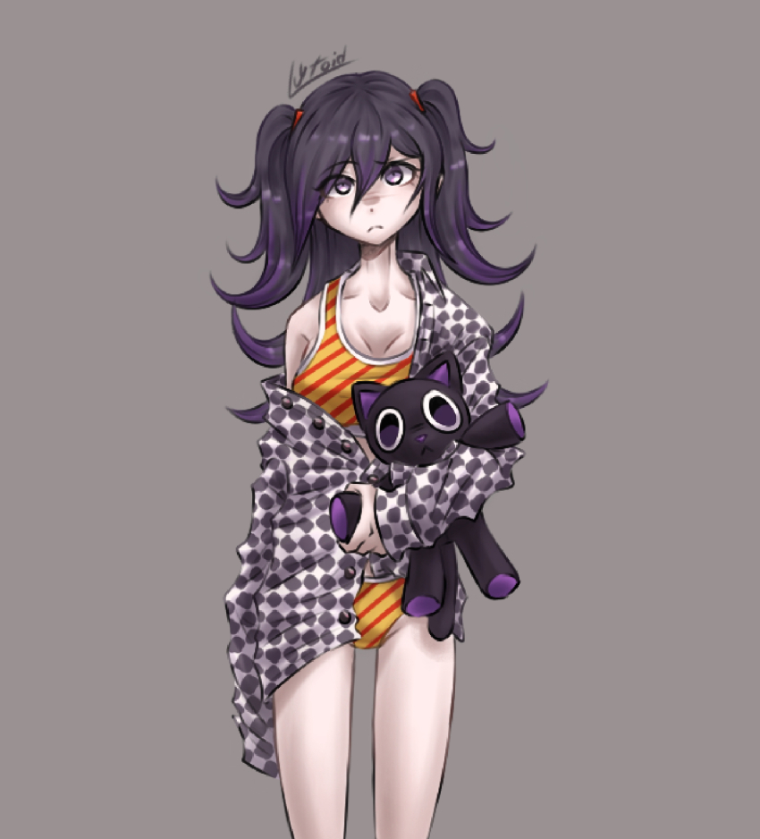 1girl artist_name bikini black_hair breasts checkered_clothes checkered_jacket collarbone cowboy_shot danganronpa_(series) danganronpa_v3:_killing_harmony frown grey_background hair_between_eyes highres holding holding_stuffed_toy jacket large_breasts long_hair lytoid oma_kokichi purple_hair simple_background single_bare_shoulder solo striped_bikini striped_clothes stuffed_animal stuffed_cat stuffed_toy swimsuit twintails