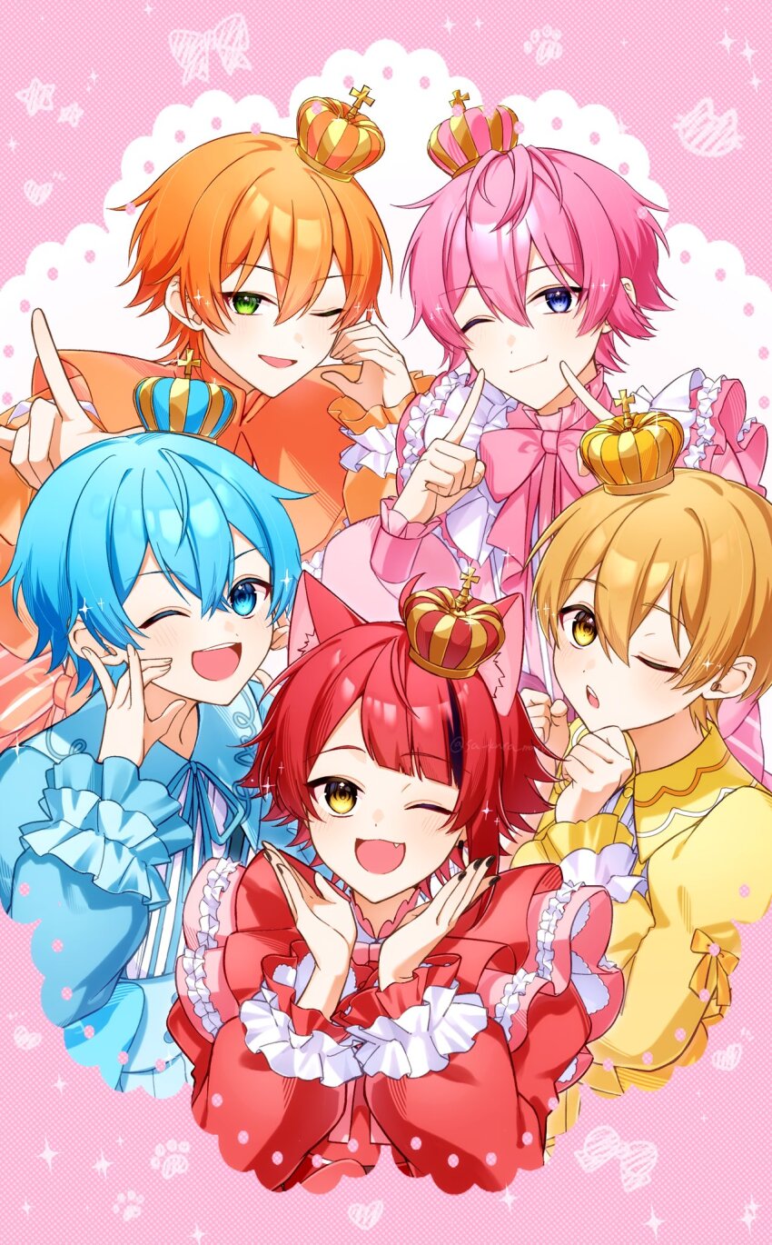 5boys animal_ears black_nails blonde_hair blue_crown blue_eyes clenched_hands closed_mouth colon_(stpri) crown frilled_shirt_collar frilled_sleeves frills green_eyes hair_between_eyes half-heart_hands highres index_finger_raised jel_(stpri) long_sleeves looking_at_viewer mini_crown multiple_boys nail_polish one_eye_closed open_mouth orange_hair pink_background pink_crown pink_hair red_crown red_hair rinu_(stpri) root_(stpri) sa_kura_maru satomi_(stpri) short_hair smile strawberry_prince teeth upper_teeth_only yellow_eyes