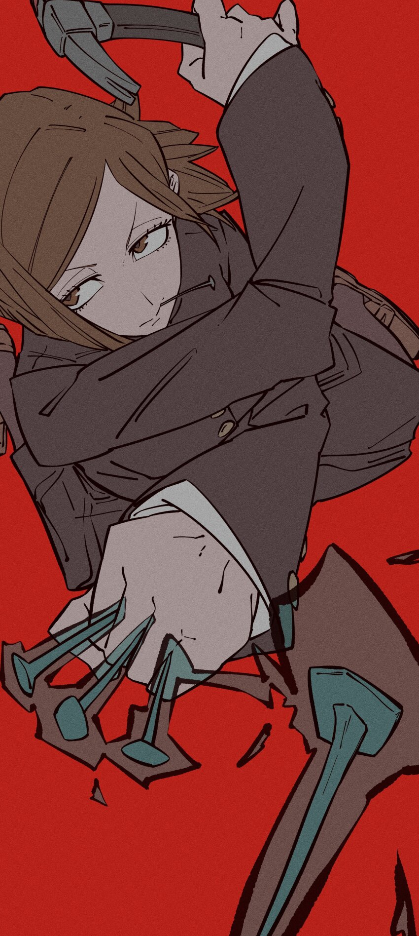 1girl absurdres brown_eyes brown_hair brown_shoes closed_mouth crossed_arms from_above hammer highres holding holding_hammer holding_nail jacket jujutsu_tech_uniform kogorooz kugisaki_nobara loafers long_sleeves looking_up mouth_hold nail nail_(hardware) original parted_bangs red_background school_uniform shoes short_hair simple_background skirt solo