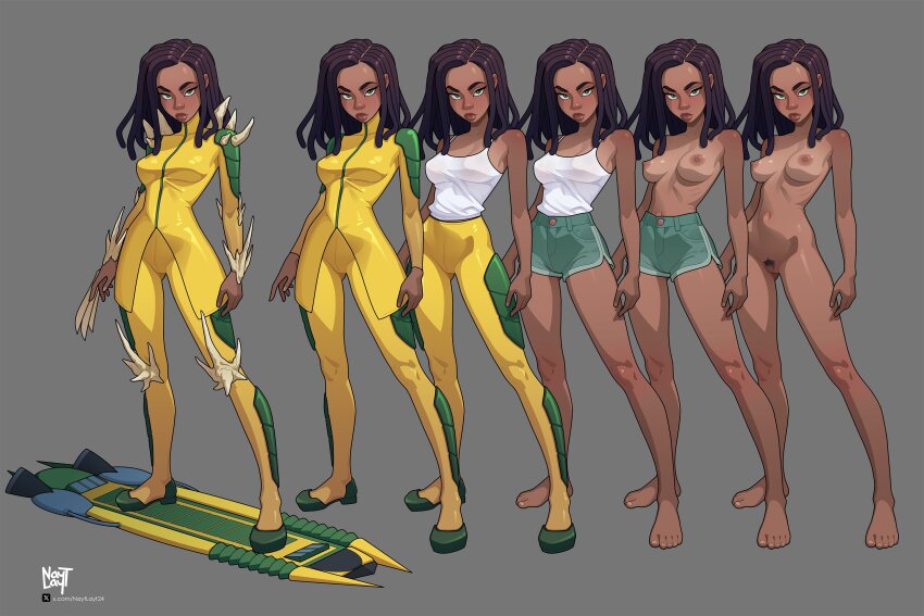 1girl absurdres artist_name bare_arms bare_legs bare_shoulders barefoot breasts brown_hair camisole cleft_of_venus commentary commission completely_nude contrapposto dark-skinned_female dark_skin dolphin_shorts dreadlocks english_commentary female_pubic_hair green_eyes green_shorts grey_background highres hoverboard jacket knee_spikes long_hair looking_at_viewer medium_breasts multiple_views navel nayt_layt nipples nude original pants pubic_hair pussy shorts shoulder_spikes simple_background spikes topless_female twitter_username twitter_x_logo variations white_camisole yellow_jacket yellow_pants