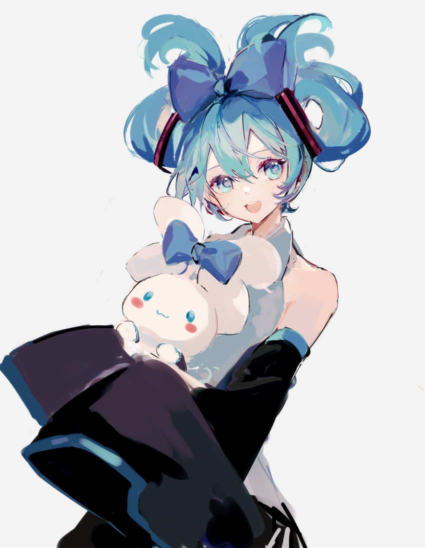 1girl :3 black_skirt black_sleeves blue_eyes blue_hair blush_stickers cinnamiku cinnamoroll collared_shirt cosplay creature detached_sleeves eyebrows_hidden_by_hair fuwa_fuwa_cinnamoroll grey_background grey_shirt hair_between_eyes hatsune_miku hatsune_miku_(cosplay) highres holding holding_creature light_blush looking_away mamenomoto open_mouth sanrio shirt sidelocks simple_background sketch skirt smile solid_oval_eyes teeth tied_ears updo upper_teeth_only vocaloid