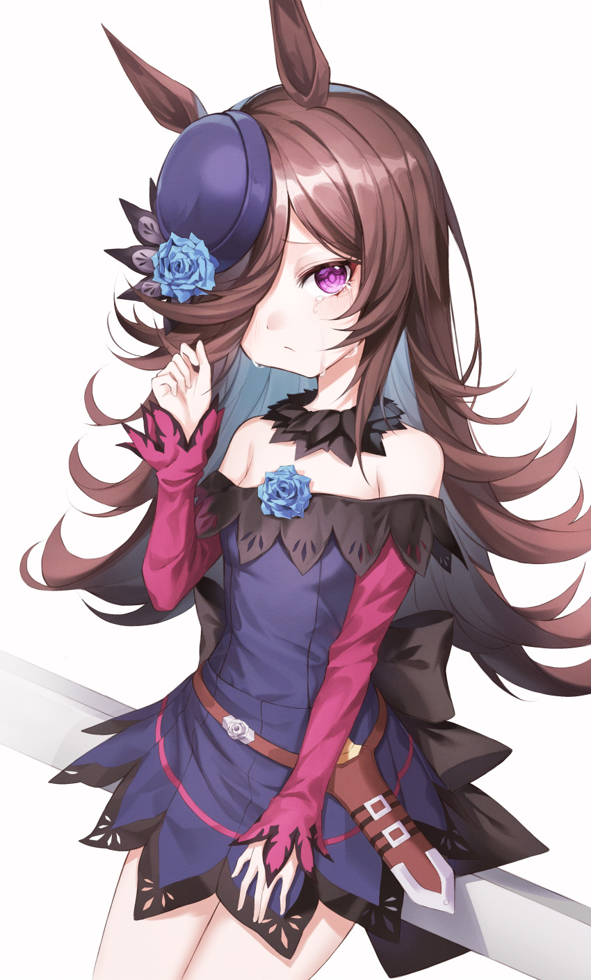 1girl absurdres against_railing animal_ears asymmetrical_bangs back_bow bare_shoulders black_bow black_choker blue_dress blue_flower blue_hat blue_rose blush bow braid brown_hair choker commentary cowboy_shot crying crying_with_eyes_open dagger dress dress_bow dress_flower flat_chest flipped_hair flower fur_choker hair_over_one_eye half_up_braid hand_on_own_thigh hat hat_flower highres horse_ears knife large_bow long_bangs long_hair long_sleeves looking_at_viewer loyo no_tail off-shoulder_dress off_shoulder purple_eyes raglan_sleeves railing red_sleeves rice_shower_(umamusume) rose scabbard sheath sheathed short_dress simple_background sitting solo spiked_hair symbol-only_commentary tears tilted_headwear two-tone_dress umamusume weapon white_background wiping_tears