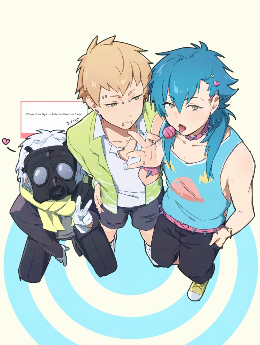 3boys arm_up bare_shoulders belt black_jacket black_pants black_shorts blonde_hair blue_hair blue_tank_top bridge_piercing candy clear_(dramatical_murder) collarbone collared_shirt dramatical_murder eyebrow_piercing food gas_mask gloves green_shirt gyaruo hand_in_pocket heart highres holding holding_candy holding_food holding_lollipop jacket kneeling labret_piercing layered_clothes lollipop long_hair long_sleeves looking_at_another male_focus mask mokado375 multiple_boys noiz_(dramatical_murder) open_clothes open_mouth open_shirt pants piercing red_belt request_inset scarf seragaki_aoba shirt shoes short_hair shorts sneakers standing tank_top v white_gloves white_hair white_shirt wing_collar yellow_eyes yellow_scarf yellow_shoes